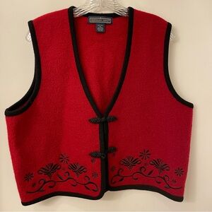 Herman Geist Red Wool Vest with Black Trim & Embroidered Floral Border